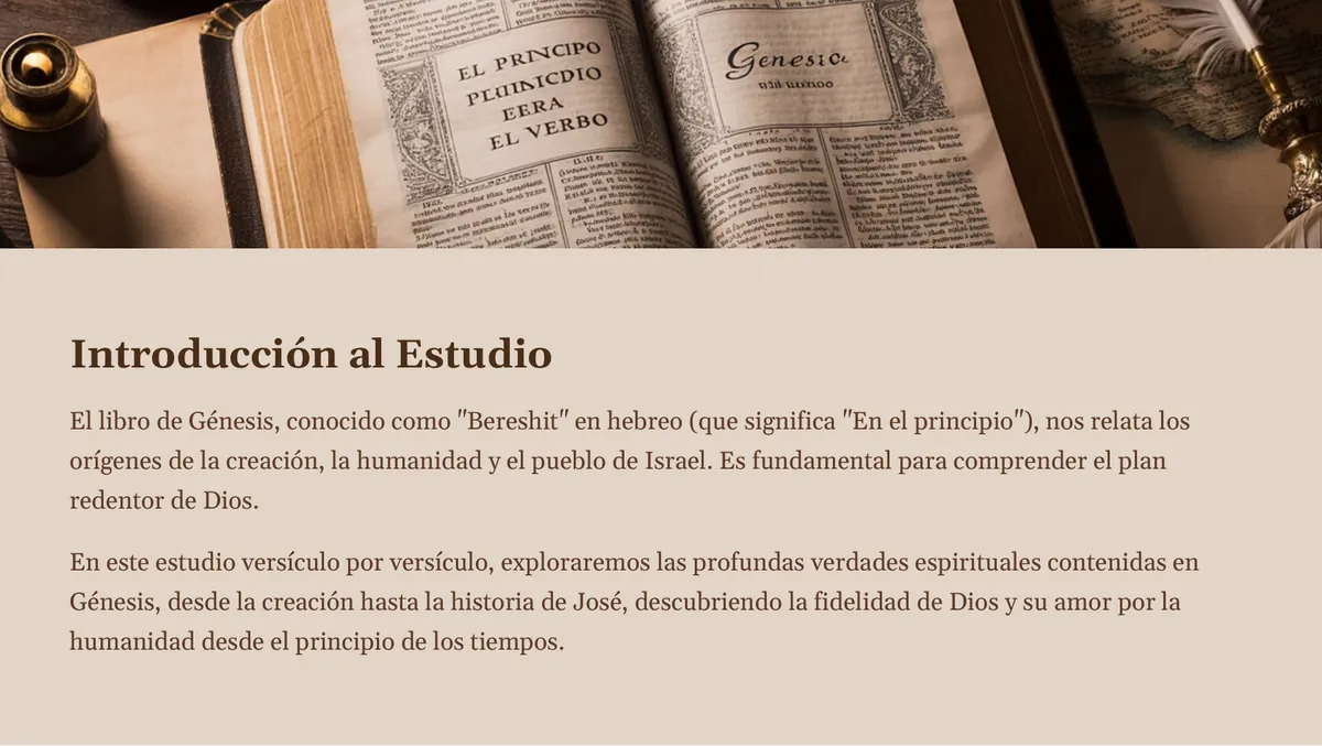 Página de Génesis: introducción al estudio, con una Biblia abierta